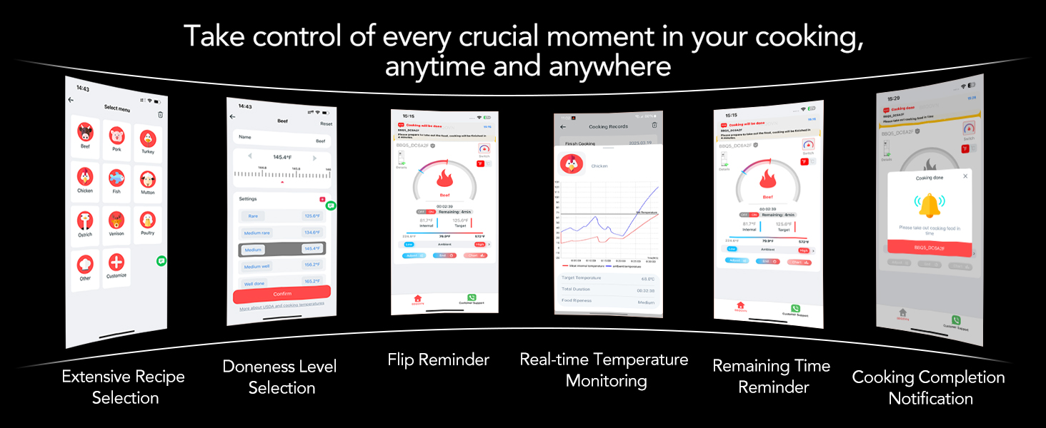 Smart WiFi Wireless Meat Thermometer, Sub-1G Long Range 1000FT, 7 NIST Certified Sensors in 1 Thin Probe ±0.5℉ Accuracy, Standalone Base with Large LED Screen for BBQ Grill Smoker Oven-Black