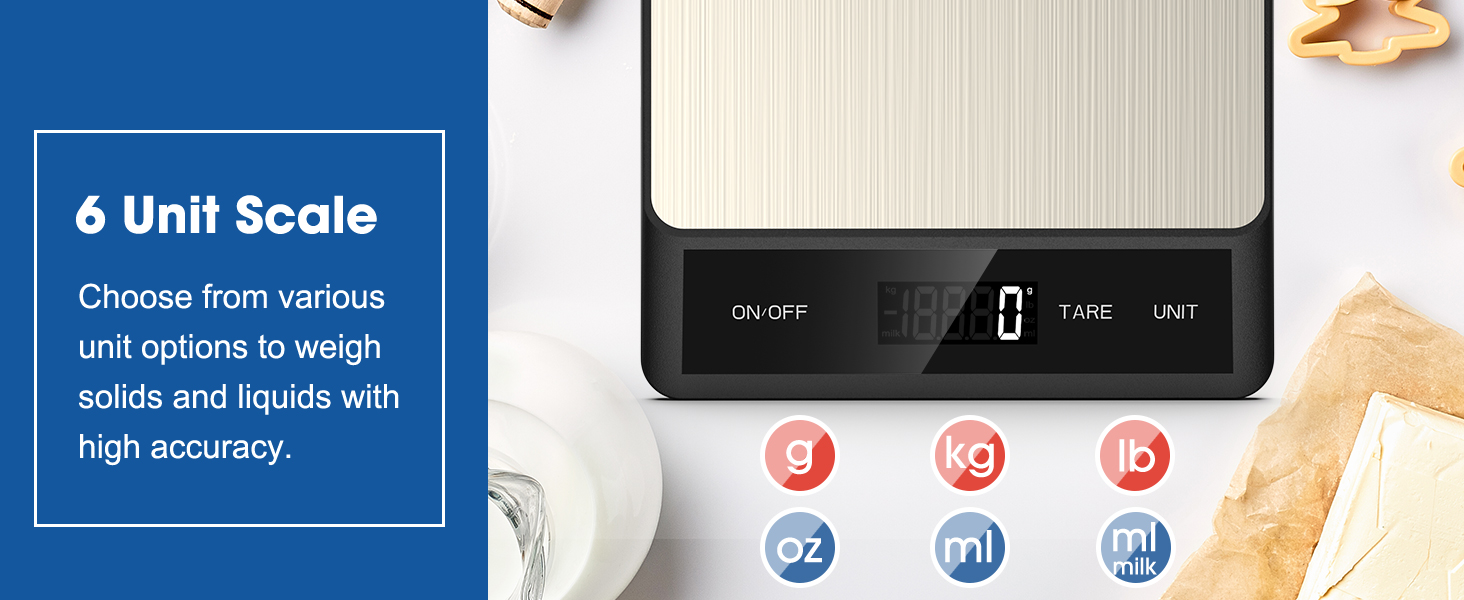 Mik-Nana Food Scale, Digital Kitchen Scale with 6 Units Tare Function & LCD Display, 11lb Stainless Steel Weight Grams and Ounces for Baking, Cooking and Meal Prep (Batteries Included)