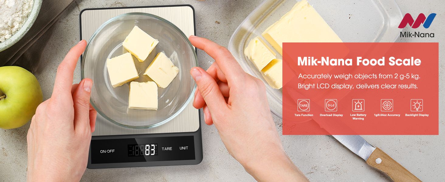 Mik-Nana Food Scale, Digital Kitchen Scale with 6 Units Tare Function & LCD Display, 11lb Stainless Steel Weight Grams and Ounces for Baking, Cooking and Meal Prep (Batteries Included)