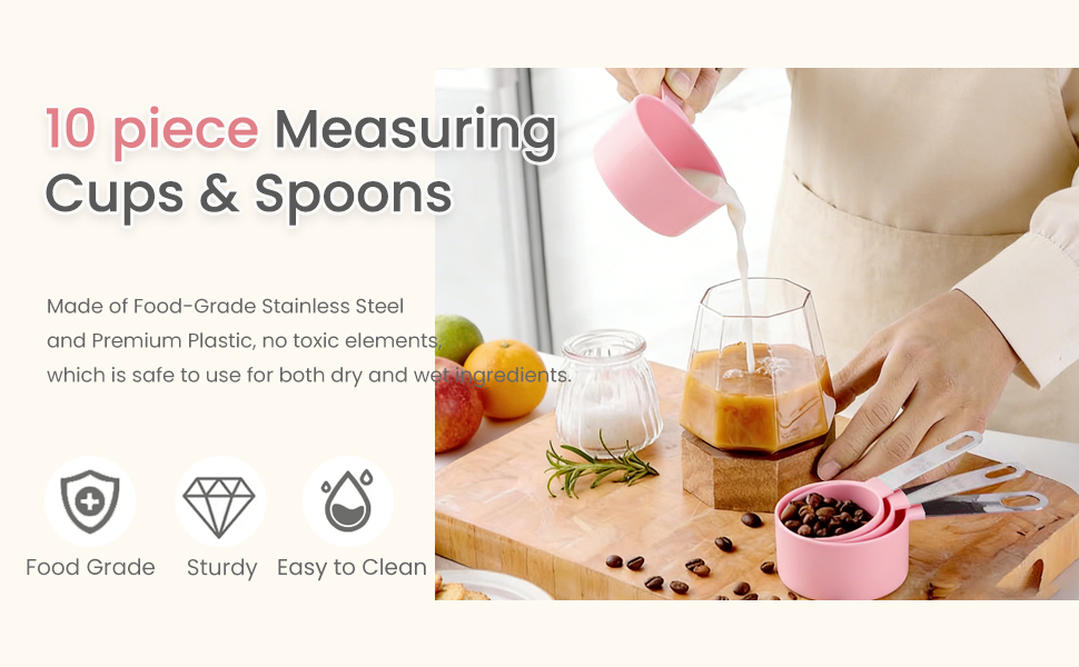 Measuring Cups and Spoons Set, 10 Pieces Stackable Measure Tools with Stainless Steel Handles, Kitchen Gadgets for Cooking & Baking (Pink)