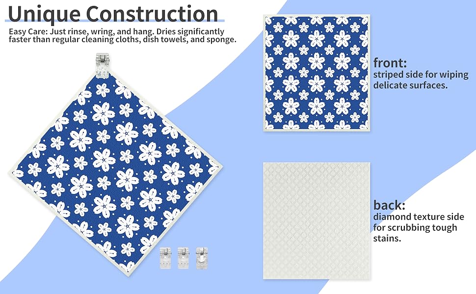 Swedish Dishcloths for Kitchen 8 Pack, Dish Towels with Clips Super Absorbent Cellulose Dish Cloths, Non-Scratch Reusable Paper Towels Washable, No Odor, Biodegradable, Dishwasher Safe