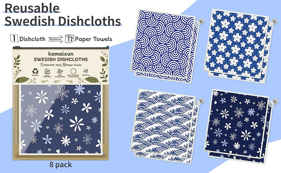 Swedish Dishcloths for Kitchen 8 Pack, Dish Towels with Clips Super Absorbent Cellulose Dish Cloths, Non-Scratch Reusable Paper Towels Washable, No Odor, Biodegradable, Dishwasher Safe
