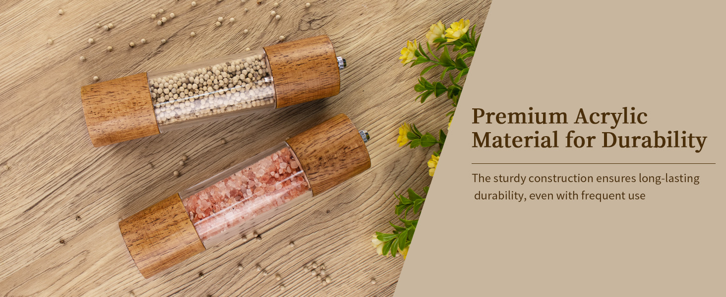 2 Pack Salt and Pepper Grinder Set, Premium Acrylic Salt and Pepper Mills - Manual Oak Wooden Shakers with Adjustable Ceramic Core-8 Inches