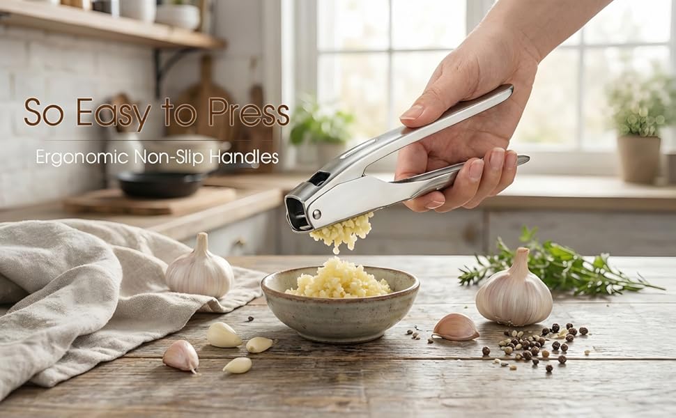 Garlic Press Heavy Duty Mincer and Peeler Set, Rust Proof 304 Stainless Steel Garlic Crusher, Easy-Squeeze Nut Ginger Chopper, Dishwasher Safe Kitchen Gadget