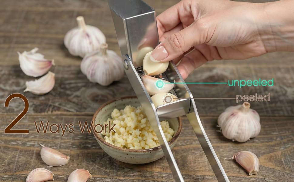 Garlic Press Heavy Duty Mincer and Peeler Set, Rust Proof 304 Stainless Steel Garlic Crusher, Easy-Squeeze Nut Ginger Chopper, Dishwasher Safe Kitchen Gadget
