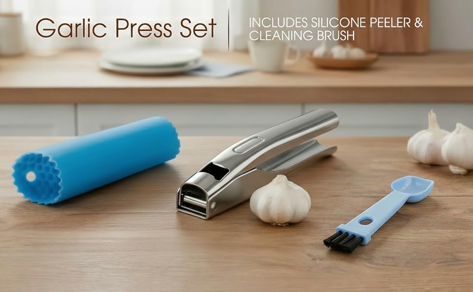 Garlic Press Heavy Duty Mincer and Peeler Set, Rust Proof 304 Stainless Steel Garlic Crusher, Easy-Squeeze Nut Ginger Chopper, Dishwasher Safe Kitchen Gadget