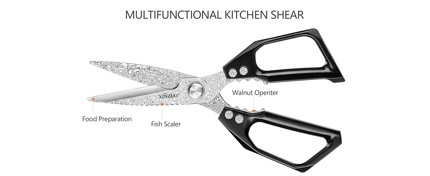 XINZUO Sharp Kitchen Scissors with Black Handle,110 Layers Damascus Steel Multipurpose Heavy Duty Kitchen Shears for Poultry/Vegetables/Fish/Nuts