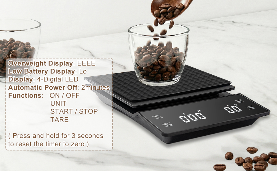 Coffee Scale with Timer, 3kg/0.1g High Precision Espresso Scale, Digital Kitchen Scale for Espresso and Pour-Over Coffee (Batteries Included)