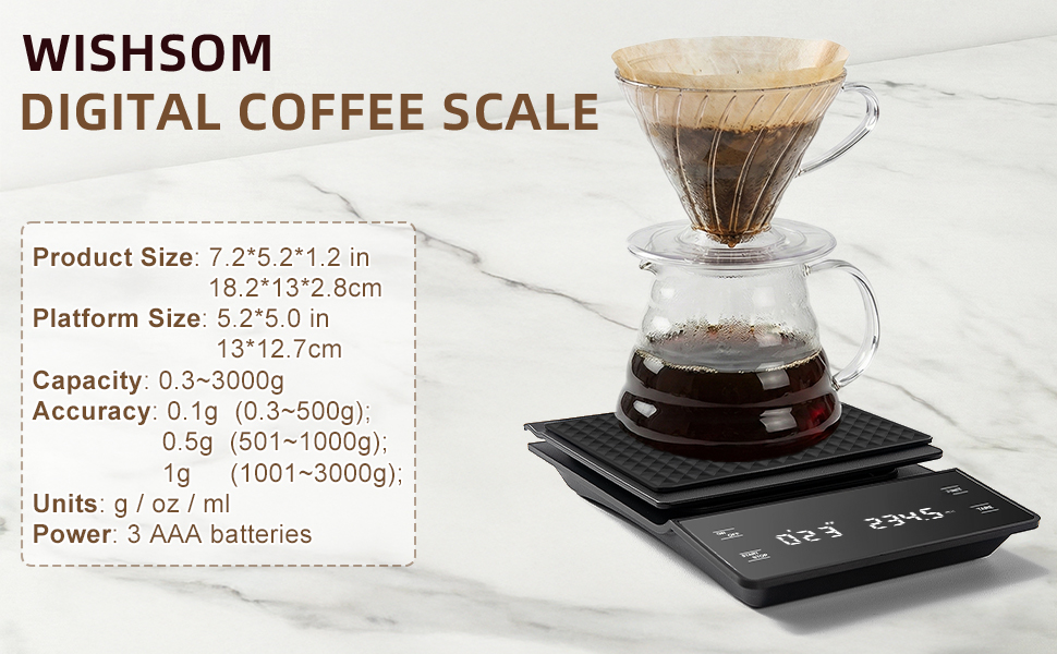 Coffee Scale with Timer, 3kg/0.1g High Precision Espresso Scale, Digital Kitchen Scale for Espresso and Pour-Over Coffee (Batteries Included)
