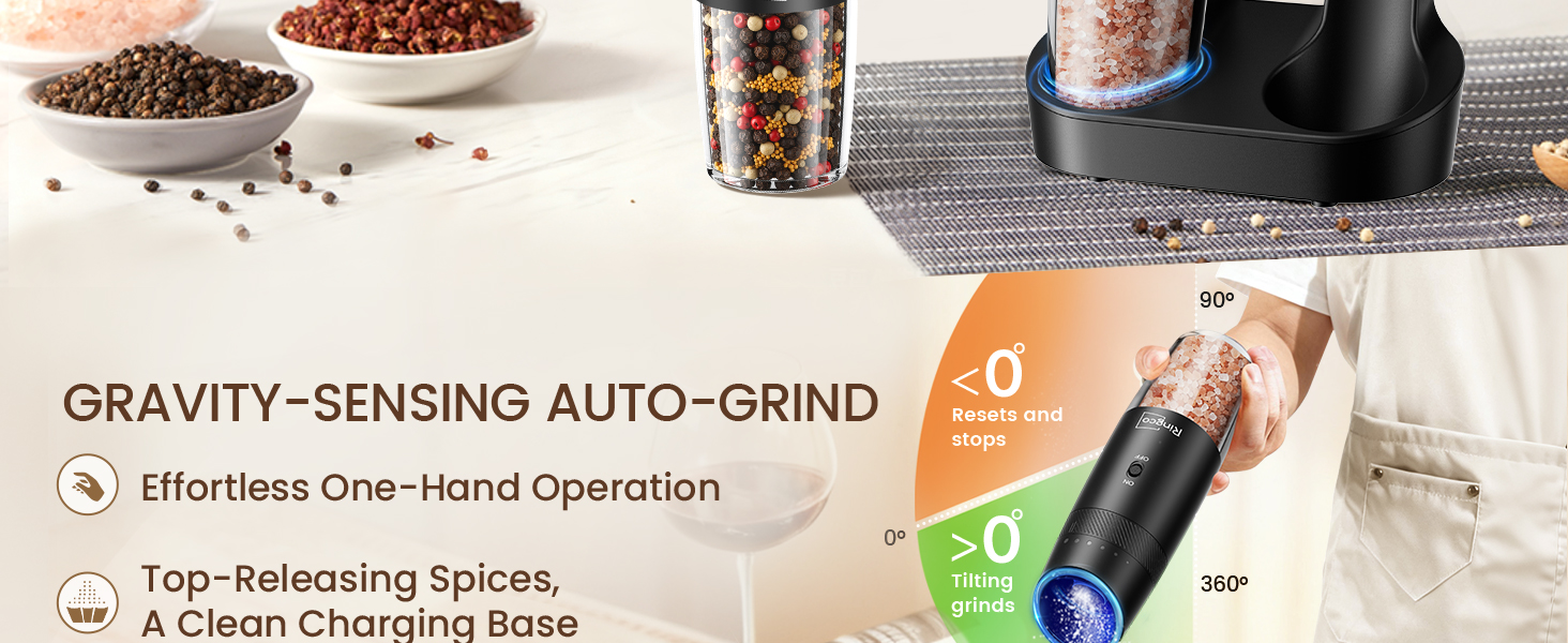 Ringco Gravity Electric Salt and Pepper Grinder Set with Charging Base, Automatic Gravity Salt and Pepper Mill with Adjustable Coarseness, LED Light, 135ml Large Capacity, Gifts for Women