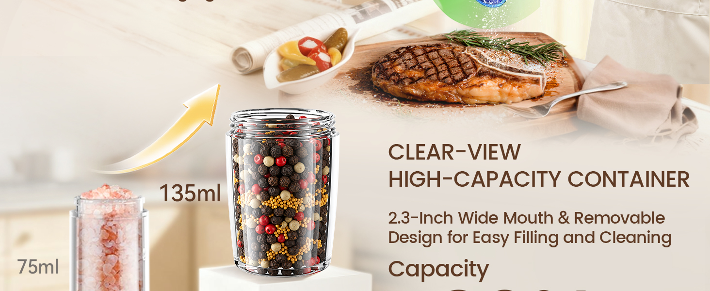 Ringco Gravity Electric Salt and Pepper Grinder Set with Charging Base, Automatic Gravity Salt and Pepper Mill with Adjustable Coarseness, LED Light, 135ml Large Capacity, Gifts for Women