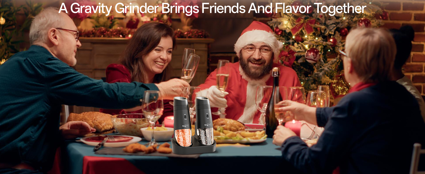 Ringco Gravity Electric Salt and Pepper Grinder Set with Charging Base, Automatic Gravity Salt and Pepper Mill with Adjustable Coarseness, LED Light, 135ml Large Capacity, Gifts for Women