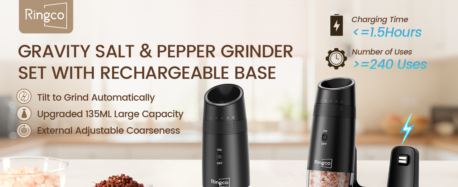 Ringco Gravity Electric Salt and Pepper Grinder Set with Charging Base, Automatic Gravity Salt and Pepper Mill with Adjustable Coarseness, LED Light, 135ml Large Capacity, Gifts for Women