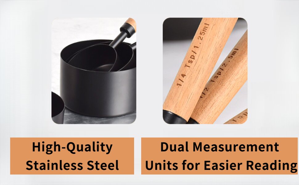 8-Piece Food-Grade Measuring Cups and Spoons Set, Nonstick Black Kitchen Measure Set with Non-Slip Wooden Handle, Engraved US & Metric Markings for Cooking & Baking