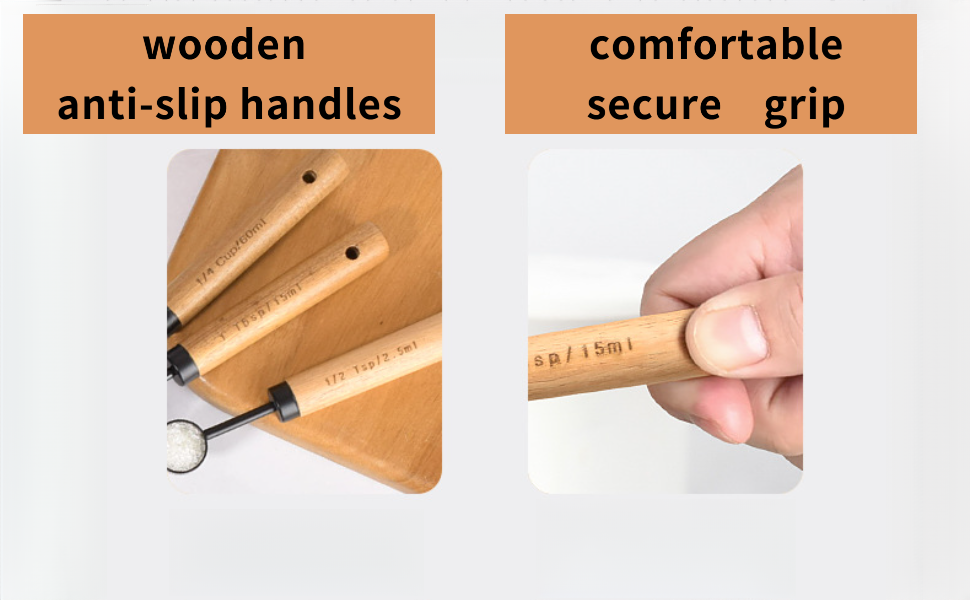 8-Piece Food-Grade Measuring Cups and Spoons Set, Nonstick Black Kitchen Measure Set with Non-Slip Wooden Handle, Engraved US & Metric Markings for Cooking & Baking