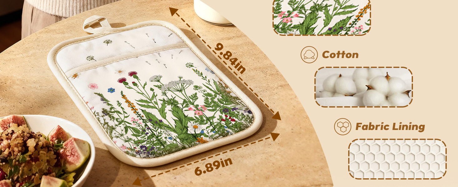 Slohif Silcone Flower Pot Holders for Kitchen - 100% Cotton Beige Cute Retro Oven Potholders with Pockets, Heat Resistant Square Thick Hot Pads, House New Home Baking Baker Gifts,2pack