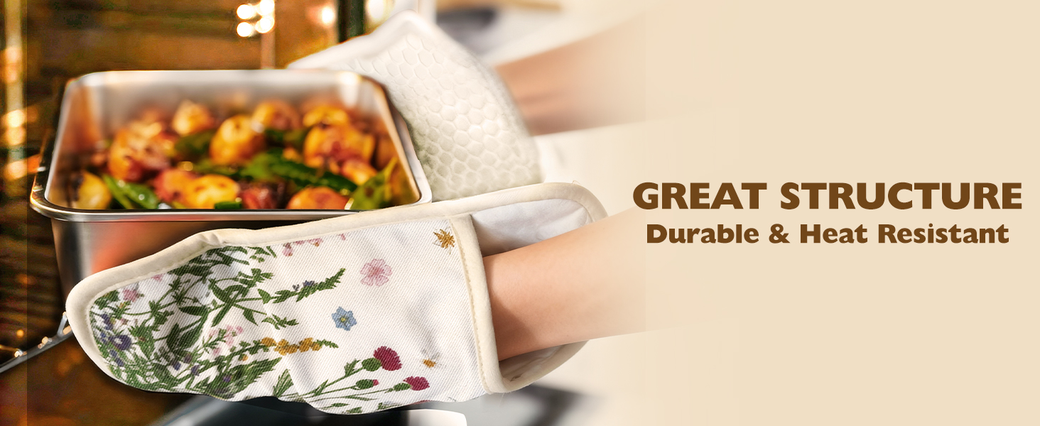 Slohif Silcone Flower Pot Holders for Kitchen - 100% Cotton Beige Cute Retro Oven Potholders with Pockets, Heat Resistant Square Thick Hot Pads, House New Home Baking Baker Gifts,2pack