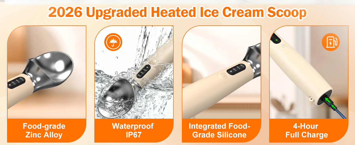 Heated Ice Cream Scoop - 3-Speed Electric Warming Scooper, Rechargeable USB-C Fast Charge with LED Display, IP67 Waterproof Head for Hard Ice Cream/Gelato, Easy to Clean