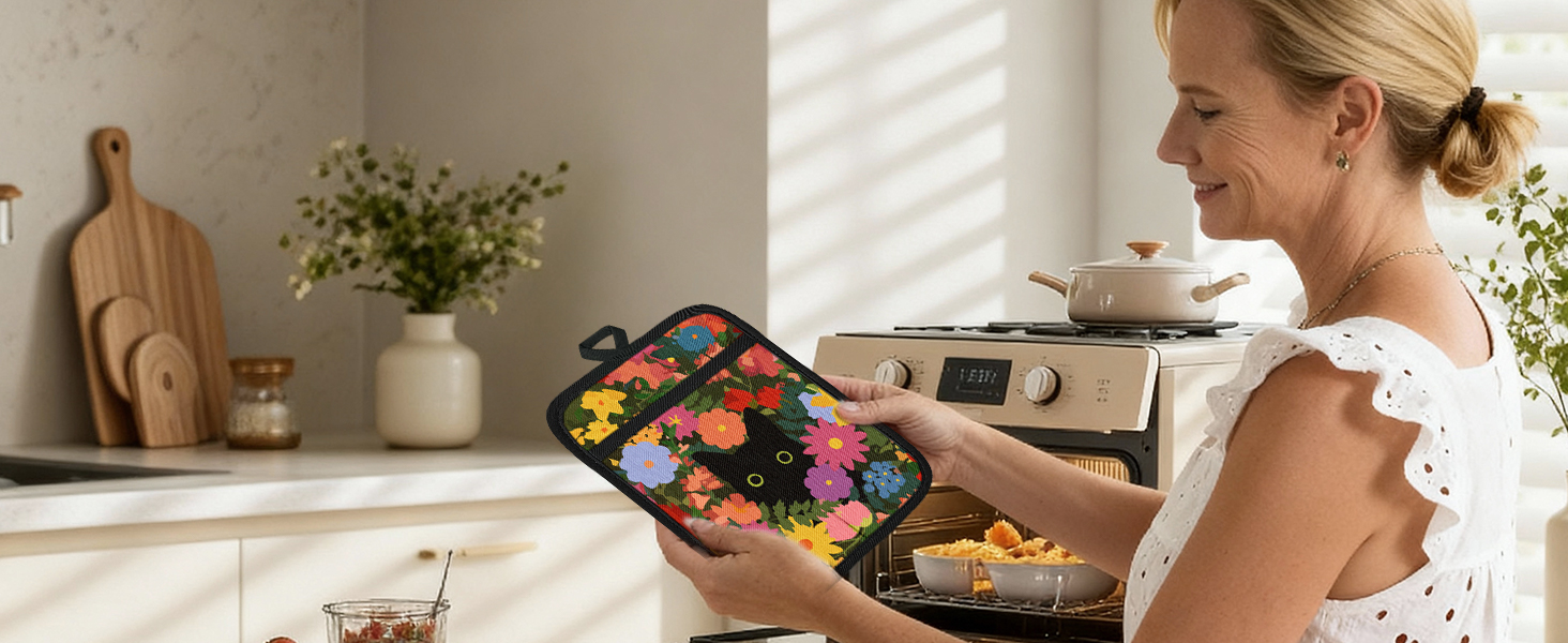 Slohif Silcone Flower Pot Holders for Kitchen - 100% Cotton Beige Cute Oven Potholders with Pockets, Heat Resistant Square Thick Hot Pads, House New Home Baking Baker Gifts,2pack