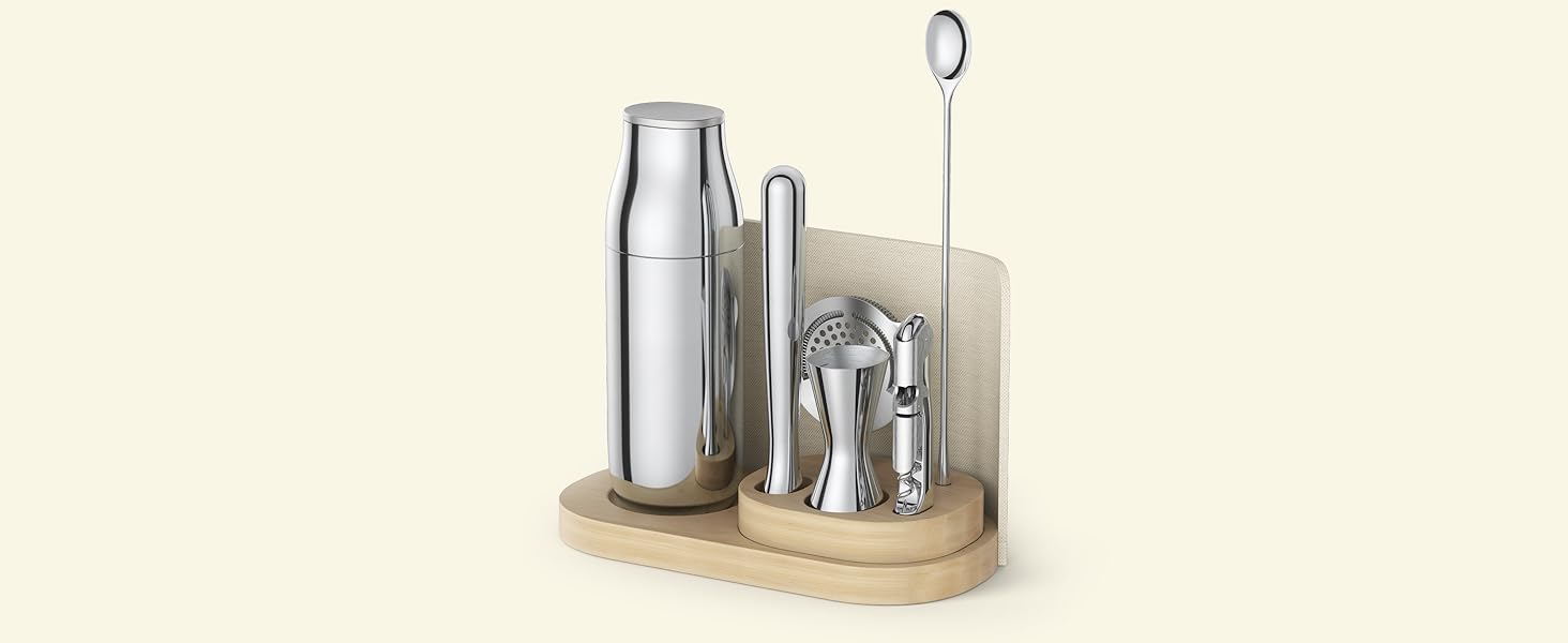 Caraway 9-Piece Complete Bar Set - Cocktail Shaker, Jigger, Muddler, Wine Key, Strainer, Bar Spoon, Storage Organizer, Magnetic Backer - Bartender Accessories - Tools for Home Bartending - Gray