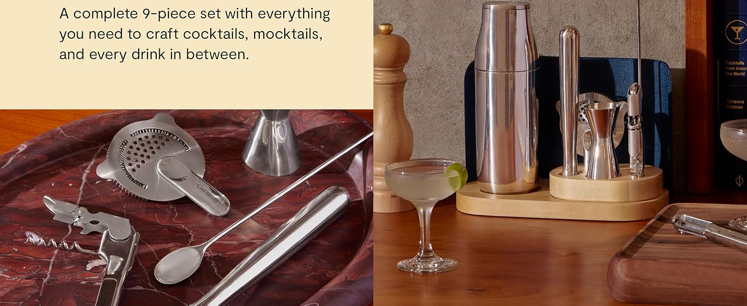 Caraway 9-Piece Complete Bar Set - Cocktail Shaker, Jigger, Muddler, Wine Key, Strainer, Bar Spoon, Storage Organizer, Magnetic Backer - Bartender Accessories - Tools for Home Bartending - Gray
