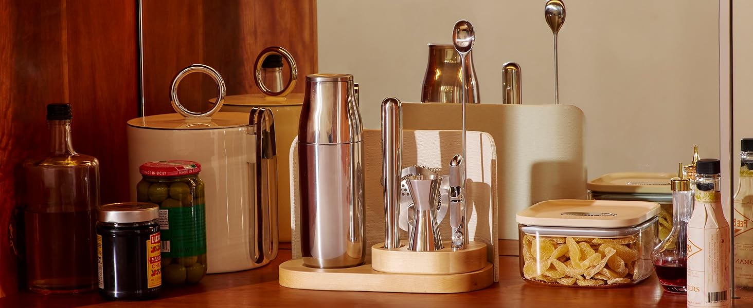 Caraway 9-Piece Complete Bar Set - Cocktail Shaker, Jigger, Muddler, Wine Key, Strainer, Bar Spoon, Storage Organizer, Magnetic Backer - Bartender Accessories - Tools for Home Bartending - Gray