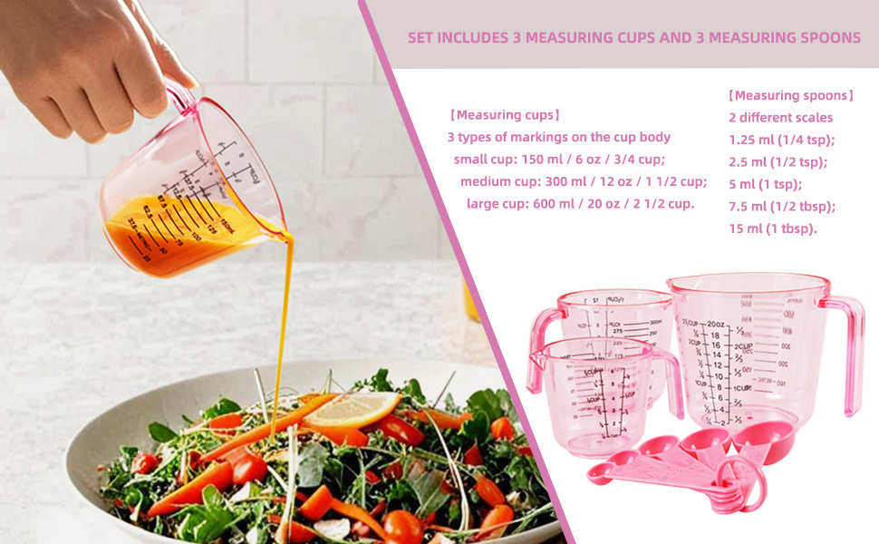 Pink Plastic Measuring cup Measuring spoon Set: 3 Stackable Liquid Measuring Cups 150/300/600ml and 5 Spoons 1.25-15ml, Used to Create Pink Kitchen Themes, Baking, Cooking