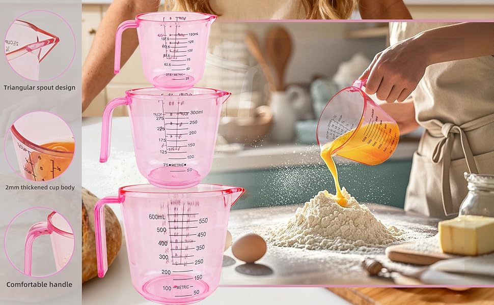 Pink Plastic Measuring cup Measuring spoon Set: 3 Stackable Liquid Measuring Cups 150/300/600ml and 5 Spoons 1.25-15ml, Used to Create Pink Kitchen Themes, Baking, Cooking