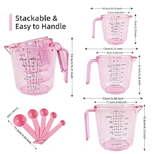 Pink Plastic Measuring cup Measuring spoon Set: 3 Stackable Liquid Measuring Cups 150/300/600ml and 5 Spoons 1.25-15ml, Used to Create Pink Kitchen Themes, Baking, Cooking