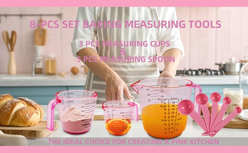 Pink Plastic Measuring cup Measuring spoon Set: 3 Stackable Liquid Measuring Cups 150/300/600ml and 5 Spoons 1.25-15ml, Used to Create Pink Kitchen Themes, Baking, Cooking