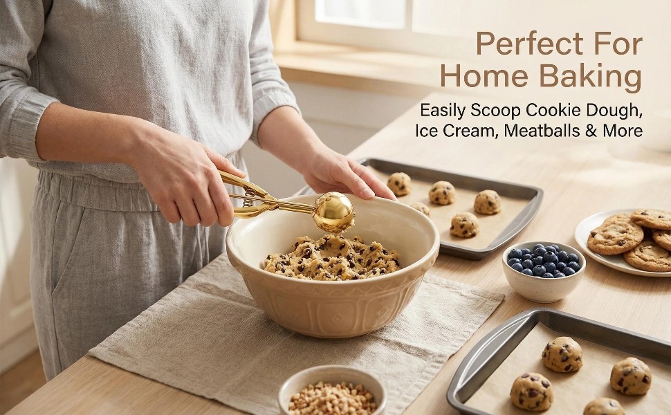 Gold Ice cream spoon,3Pcs Cookie Scoop Set,Stainless steel ice cream scoop with trigger release,Tablespoons,dough scoop,3 Sizes (S/M/L)