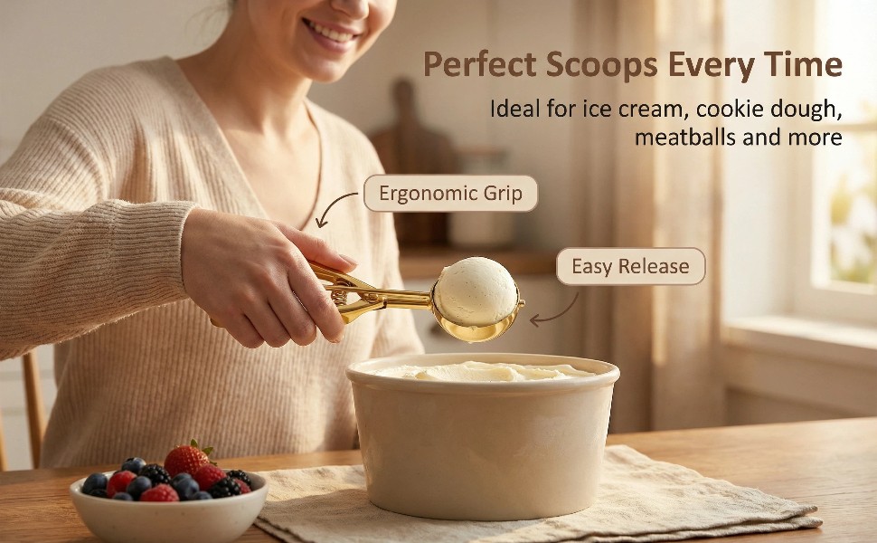 Gold Ice cream spoon,3Pcs Cookie Scoop Set,Stainless steel ice cream scoop with trigger release,Tablespoons,dough scoop,3 Sizes (S/M/L)