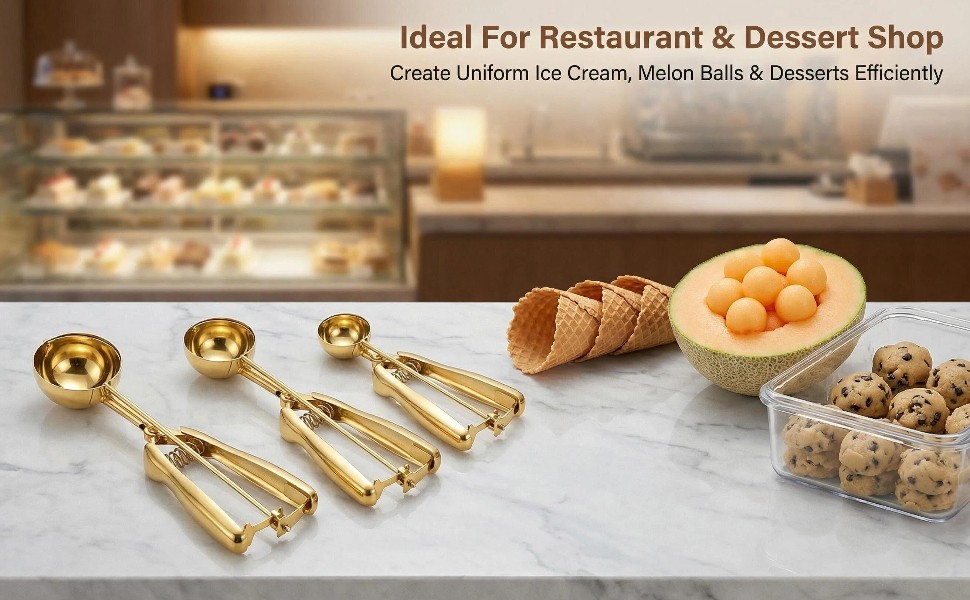 Gold Ice cream spoon,3Pcs Cookie Scoop Set,Stainless steel ice cream scoop with trigger release,Tablespoons,dough scoop,3 Sizes (S/M/L)