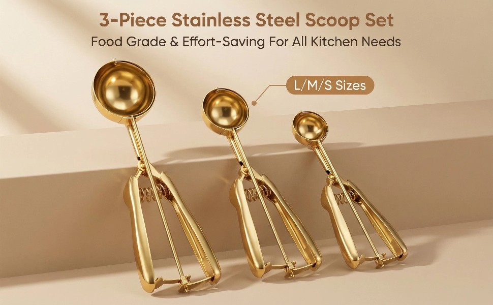 Gold Ice cream spoon,3Pcs Cookie Scoop Set,Stainless steel ice cream scoop with trigger release,Tablespoons,dough scoop,3 Sizes (S/M/L)