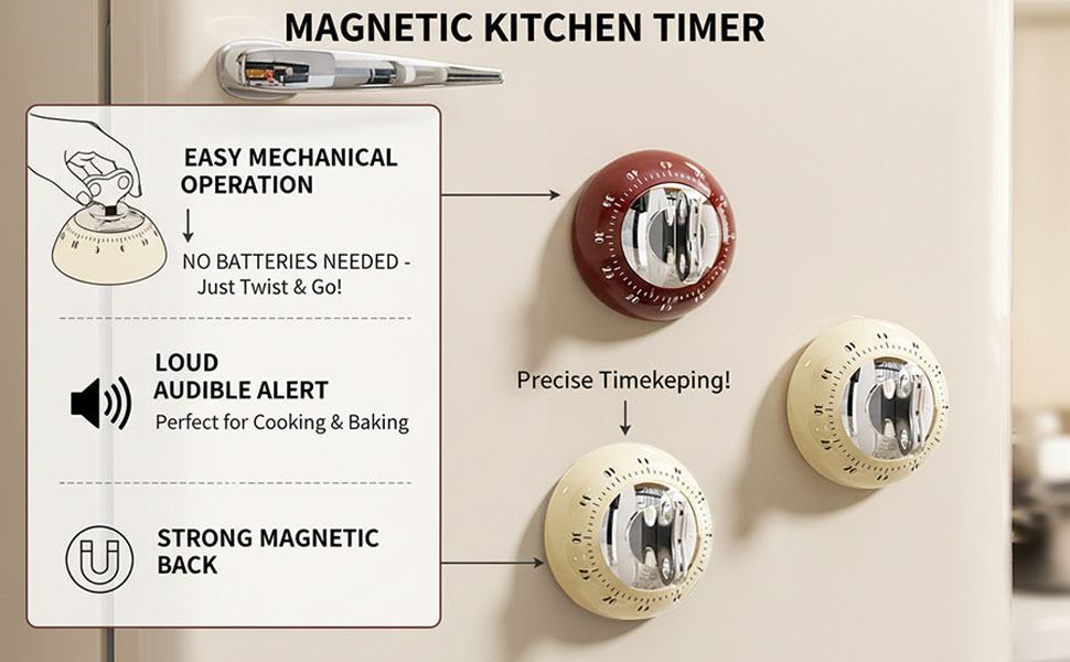 Retro Mechanical Kitchen Timer,60-Minute Countdown with Magnetic Back, Wind-Up Design, Loud Alarm for Cooking, Home Use（White and Plastic Material）