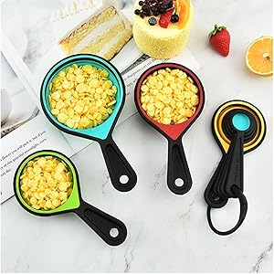 Premium Adjustable Measuring Cups and Spoons Set, 8-Piece | Collapsible Space-Saving Design for Easy Storage, Dishwasher Safe Silicone Kit for Baking, Cooking & Camping Essentials.