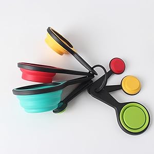Premium Adjustable Measuring Cups and Spoons Set, 8-Piece | Collapsible Space-Saving Design for Easy Storage, Dishwasher Safe Silicone Kit for Baking, Cooking & Camping Essentials.