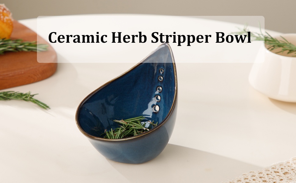 Herb Stripper Bowl, Ceramic Herb Peeling Bowl, Kitchen Herbs Leaf Stripping Tool, Pottery Herb Peeler for Kale, Thyme, Basil, Rosemary Stripper (Blue)