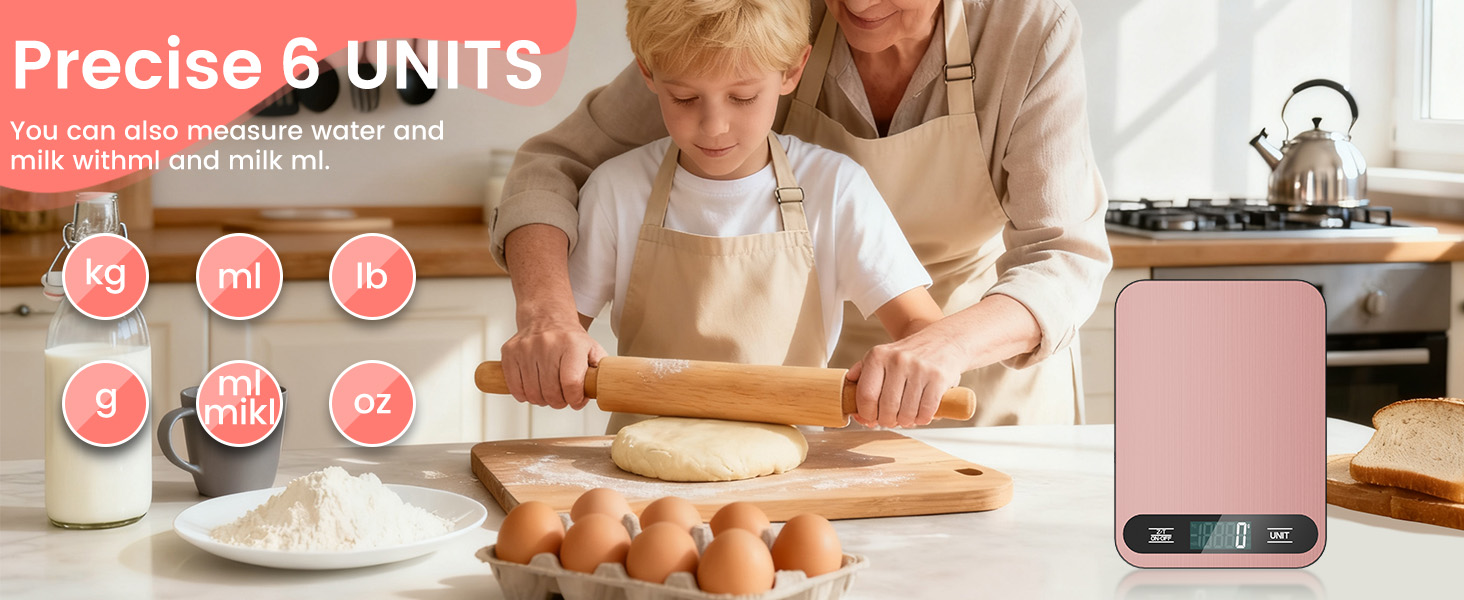 Premium Digital Kitchen Scale, Precision Accurate to 1g, Stainless Steel with LCD Display, 6 Units with Tare Function，Pink - Perfect for Baking, Cooking, and Coffee