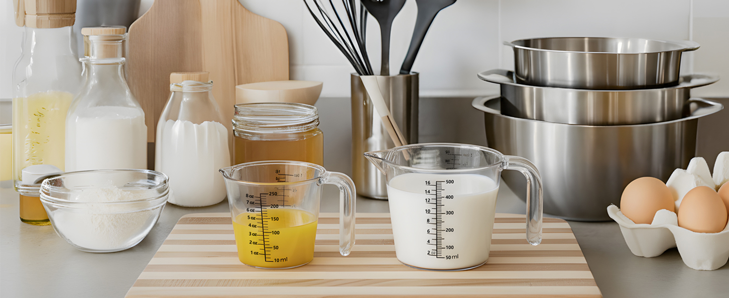 Laser-Etched Measuring Cup Set, 8 oz & 16 oz Clear Plastic Liquid Measuring Cups, Permanent oz/cup/Tbsp/mL Markings, Food-Grade for Baking & Cooking