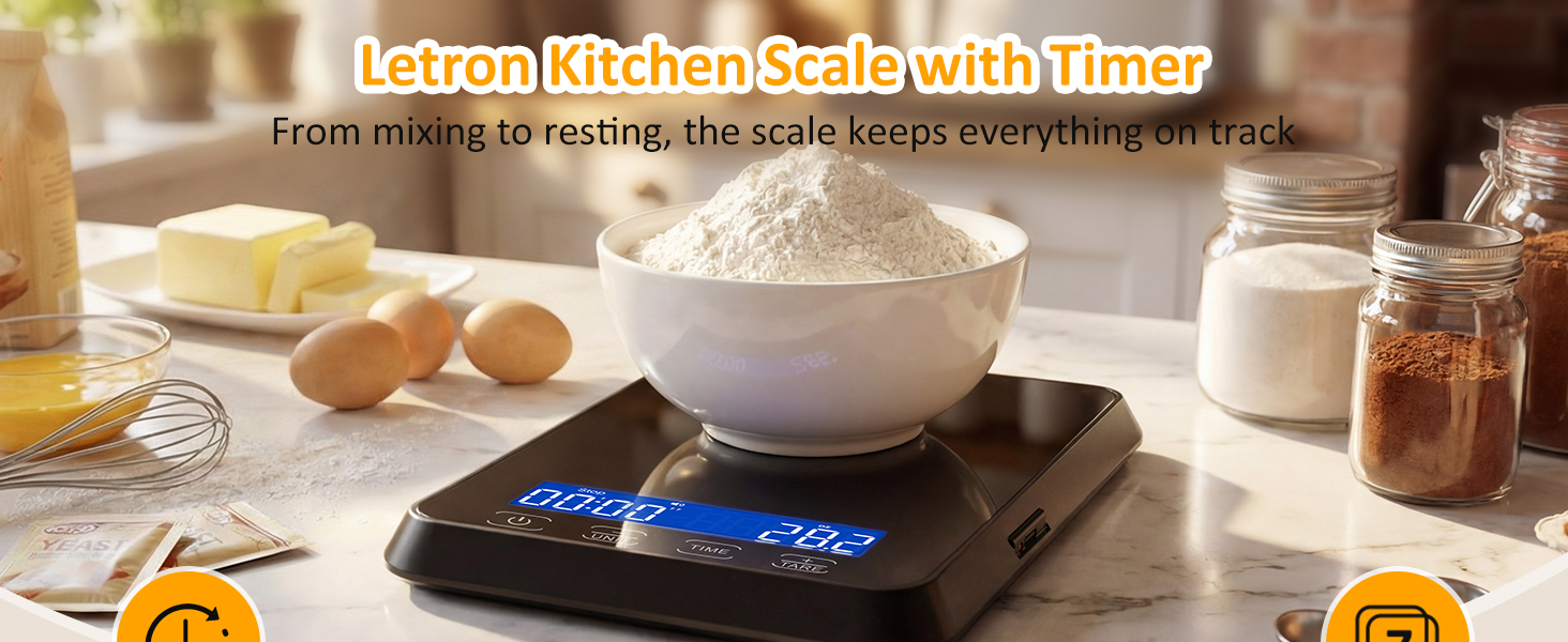 Food Scale, 33 lb / 0.1 oz High Precision Kitchen Scale for Sourdough Bread, Built-in 7 Units, Timing & Tare Function, Rechargeable Digital Kitchen Scale for Food, Baking, Cooking