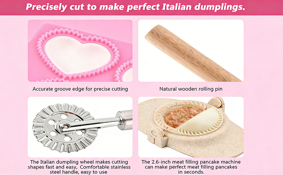 6 PCS Ravioli Maker Press, Heart Ravioli Maker Press, Stainless Steel Rolling Wheel, Wood Rolling Pin, Dumpling Maker, Dough Cutter, Filling Spoon, Easy to Use for Home Kitchen