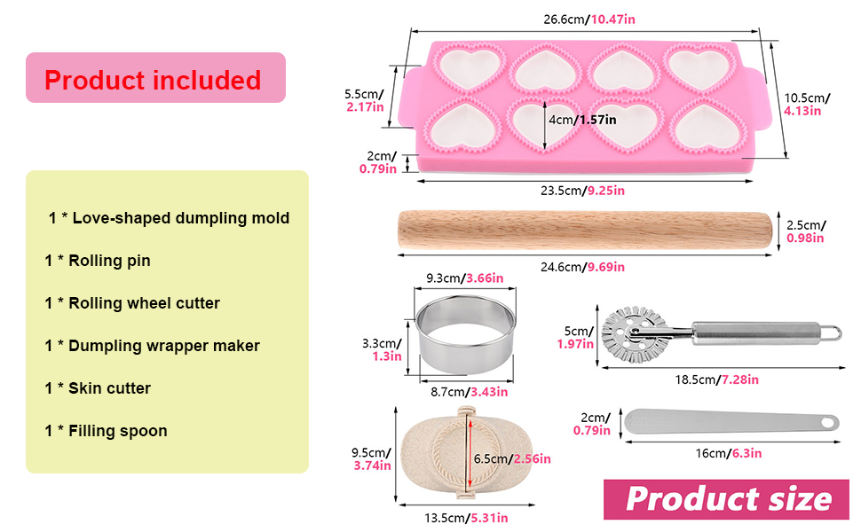 6 PCS Ravioli Maker Press, Heart Ravioli Maker Press, Stainless Steel Rolling Wheel, Wood Rolling Pin, Dumpling Maker, Dough Cutter, Filling Spoon, Easy to Use for Home Kitchen