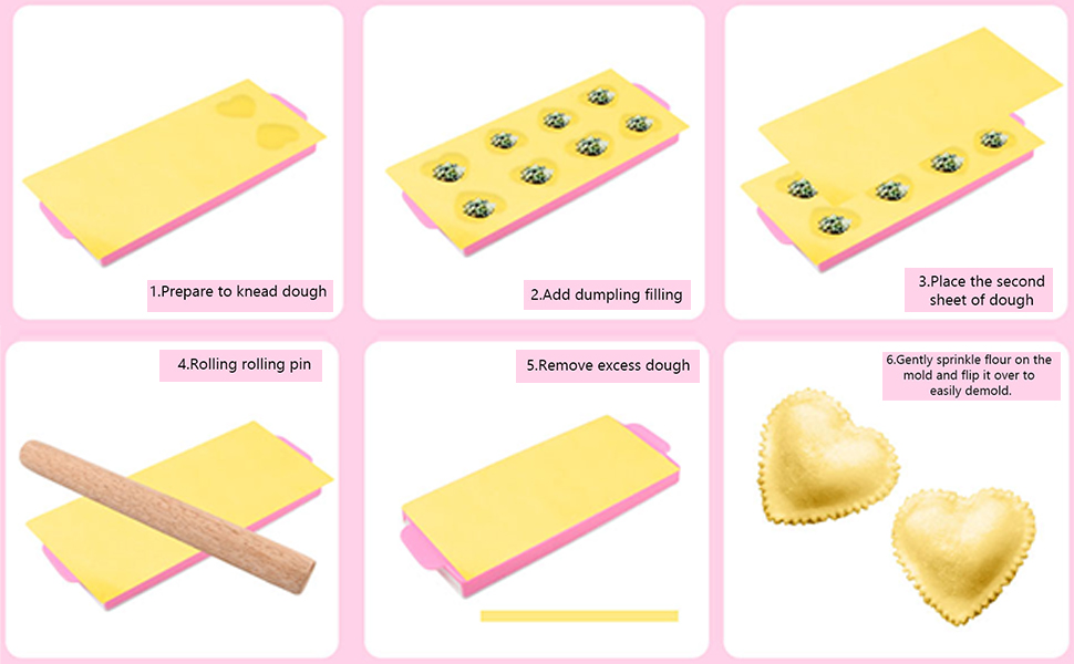 6 PCS Ravioli Maker Press, Heart Ravioli Maker Press, Stainless Steel Rolling Wheel, Wood Rolling Pin, Dumpling Maker, Dough Cutter, Filling Spoon, Easy to Use for Home Kitchen