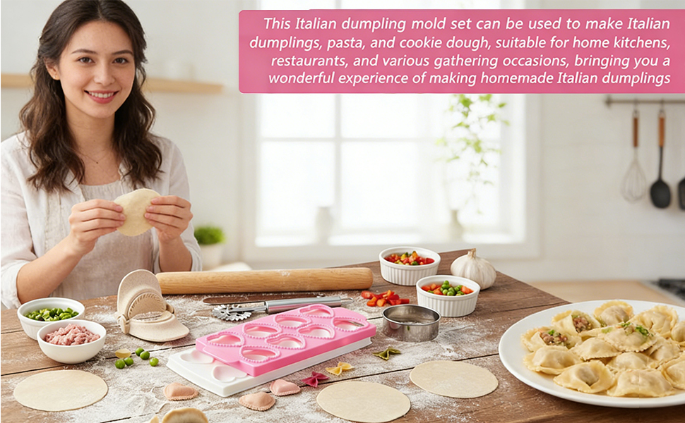 6 PCS Ravioli Maker Press, Heart Ravioli Maker Press, Stainless Steel Rolling Wheel, Wood Rolling Pin, Dumpling Maker, Dough Cutter, Filling Spoon, Easy to Use for Home Kitchen