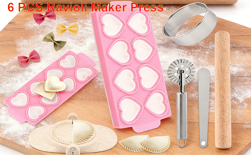 6 PCS Ravioli Maker Press, Heart Ravioli Maker Press, Stainless Steel Rolling Wheel, Wood Rolling Pin, Dumpling Maker, Dough Cutter, Filling Spoon, Easy to Use for Home Kitchen