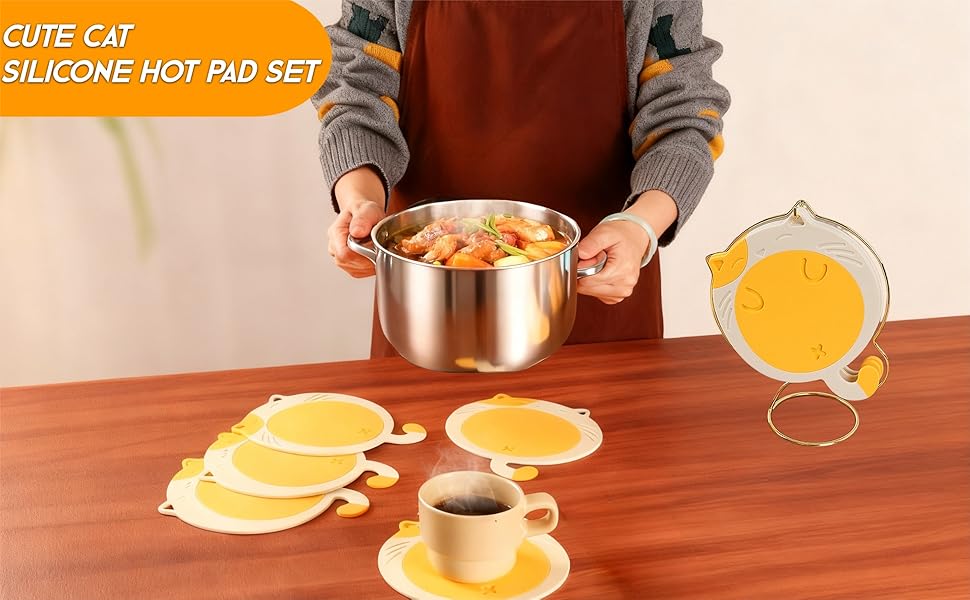 Silicone Trivets for Hot Dishes - 7.2x6.38 InchesCute Cat Coasters Set, Non-Slip Heat Resistant Mats for Kitchen Countertop & Dining Table Protection, Flexible Trivet Coaster, Gifts for Cat Lovers(2)