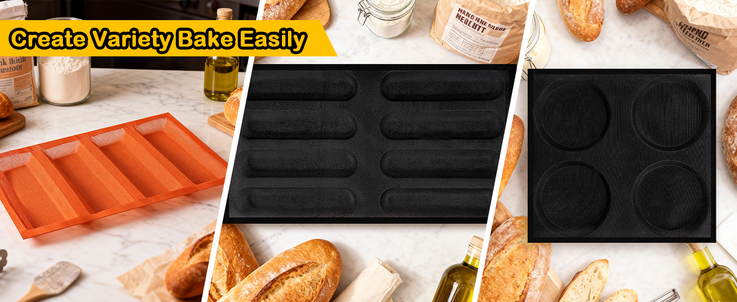 5-Loaf Silicone Perforated Baking Forms for Baguette, French & Sandwich Bread, Perforated Baking Mat Design, Reusable Non-Stick Silicone Mold (18.11x13.19inch, Black)
