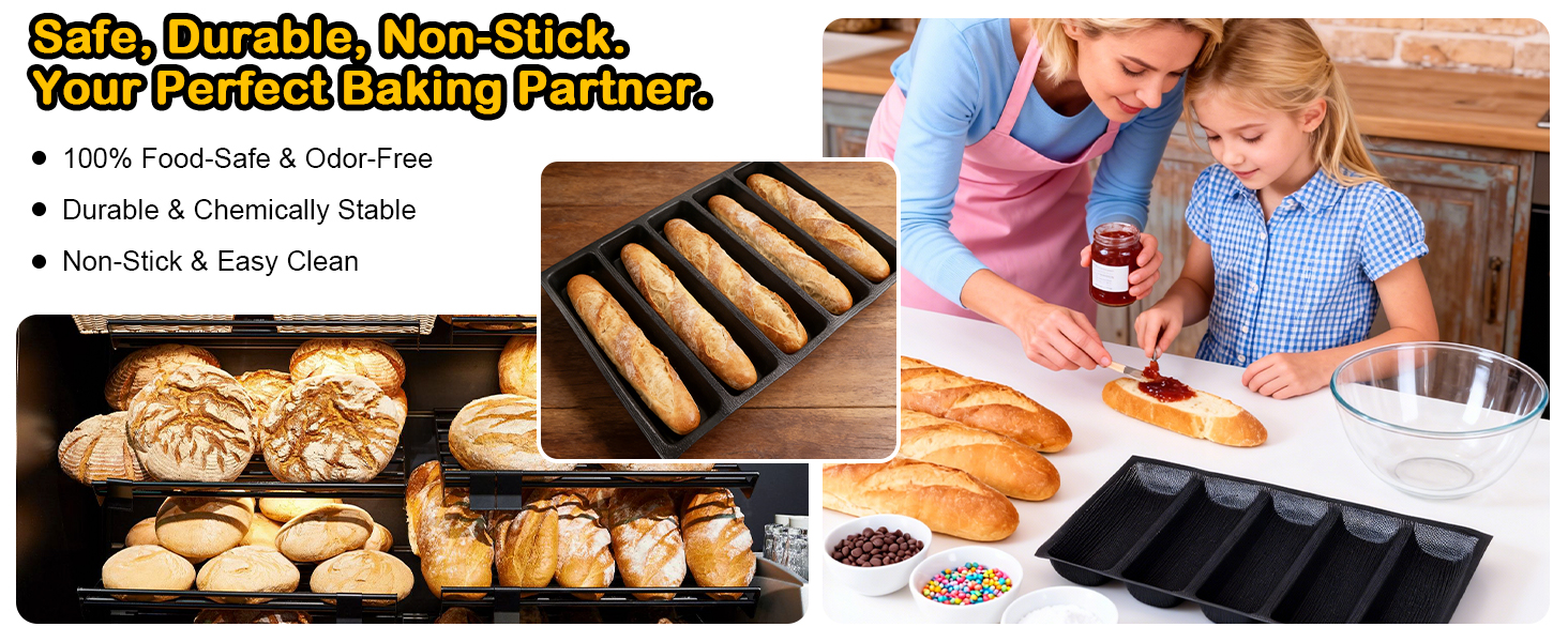 5-Loaf Silicone Perforated Baking Forms for Baguette, French & Sandwich Bread, Perforated Baking Mat Design, Reusable Non-Stick Silicone Mold (18.11x13.19inch, Black)