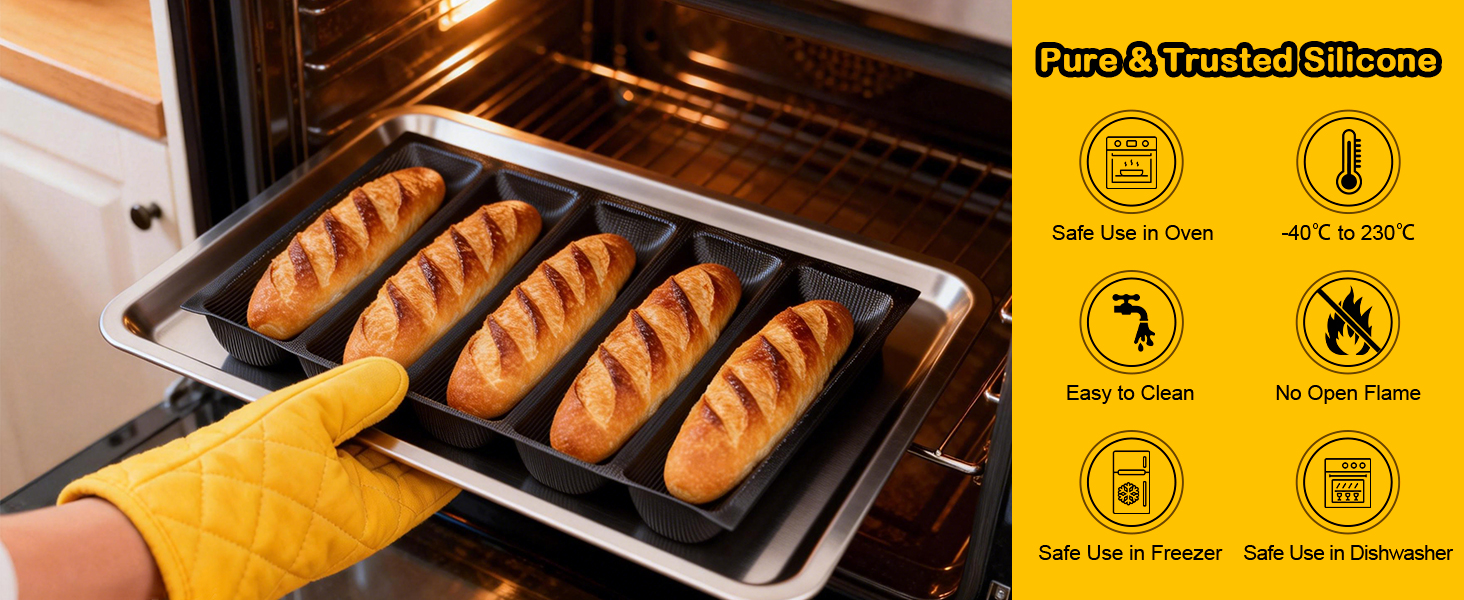 5-Loaf Silicone Perforated Baking Forms for Baguette, French & Sandwich Bread, Perforated Baking Mat Design, Reusable Non-Stick Silicone Mold (18.11x13.19inch, Black)